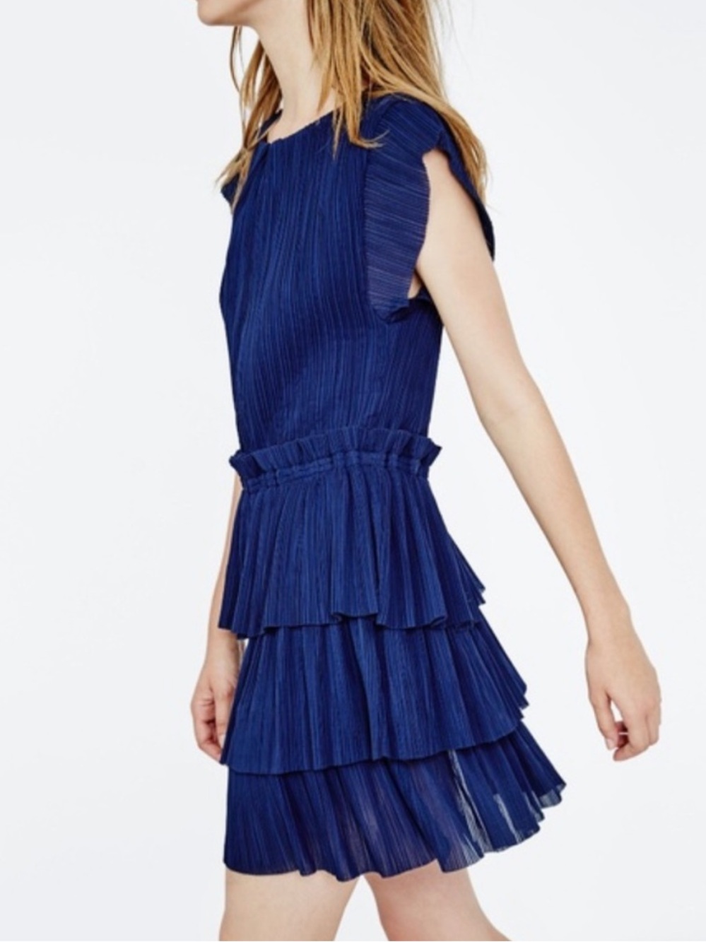 Maje Radzy Navy Pleated Tiered Ruffle Dress